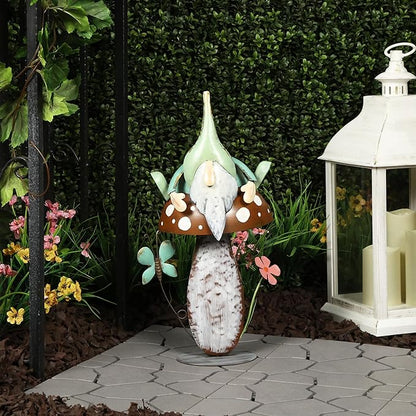 Alpine Corporation - Metal Gnome with Mushroom – 20" Tall Durable Iron Garden Statue, Whimsical Outdoor Décor for Patio, Lawn, Yard (Multicolor)