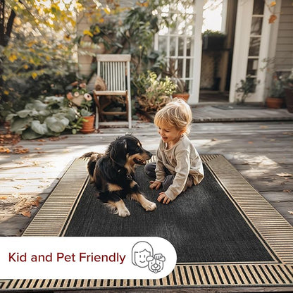 nuLOOM 8' x 10' Outdoor Area Rug, Casual Design With Striped Border, Stain Resistant, Highly Durable, For Patio, Balcony, Bedroom, Living Room, Dining Room, Bathroom, Dark Grey