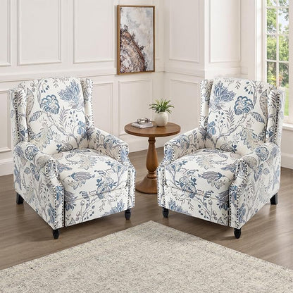 UIXE Floral Pushback Recliner Chairs Set of 2, Fabric Upholstered Armchair Push Back Accent Chair for Living Room, Rivet Trim Club Chair Home Theater Single Sofa Reading Seat - Blue Plants
