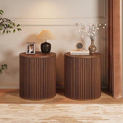 AVZEAR Fluted Round Side Table with Storage, Small Mid Century End Table Fluted Nightstands, Modern Circle Bedside Tables Wood Night Stand for Small Spaces, Living Room, Bedroom (Rustic Walnut)