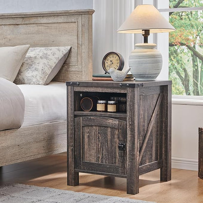 OKD Farmhouse Nightstand with Charging Station, 18" Rustic End Table with Adjustable Storage Shelf, Wood Rustic Wood Sofa Side Table for Bedroom