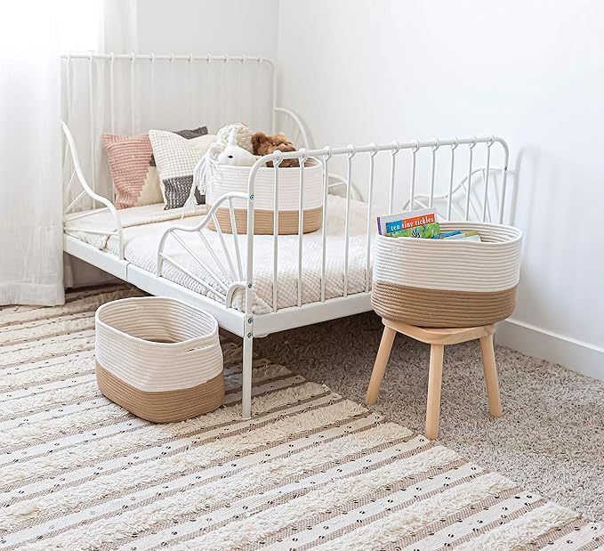 OrganiHaus Woven Storage Baskets for Organizing, Cotton Rope Organizer Bins for Shelves, Closet & Nursery, Dog Toy Basket, Decorative Bins for Toys, Towels & Books - 15x10x9, Honey/Off-White