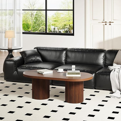 Oval Fluted Coffee Table, Farmhouse Wood Coffee Table Mid Century Modern Center Table Boho Living Room Tables for Living Room Office (Walnut, 19.69" D x 39.38" W x 13.78" H)