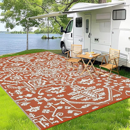 Waterproof Outdoor Rug 9x18 Reversible Plastic Straw Patio Rug, Stain-Resistant Vintage Medallion Carpet, Large Indoor Outdoor RV Mat for Deck, Camping, Balcony, Vintage Terracotta Brick/White