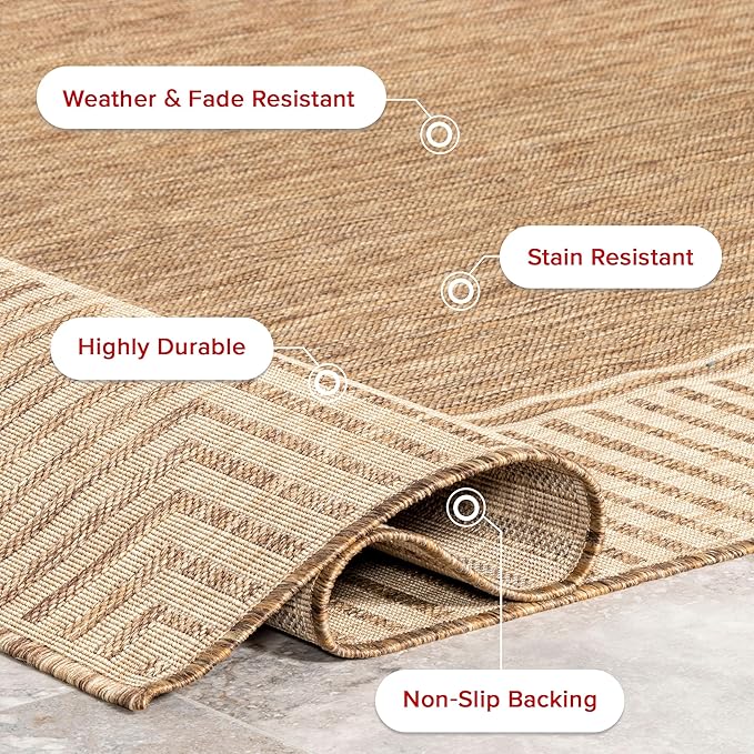 nuLOOM 6'7" Round Outdoor Area Rug, Casual Design With Striped Border, Stain Resistant, Highly Durable, For Patio, Balcony, Bedroom, Living Room, Dining Room, Bathroom, Light Brown