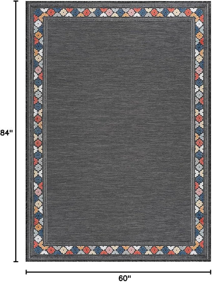 Beverly Rug Outdoor Rug 5x7 Modern Bordered Area Rugs for Indoor and Outdoor Patio Easy to Clean Non Shedding Living Room Porch Garden Washable Outside Carpet (5 x 7 Dark Gray)