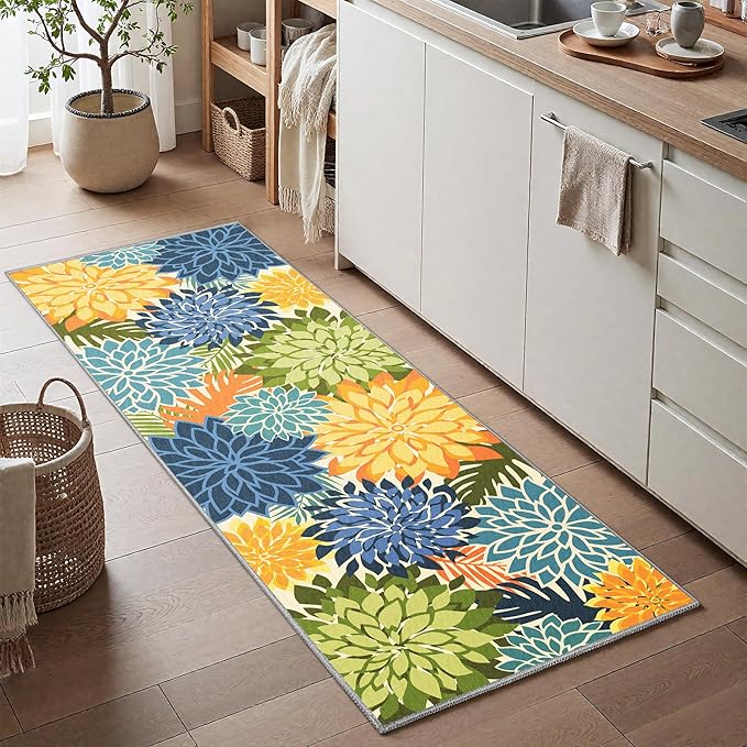 Area Rug 2x6 Yellow Green Washable Entry Rug Multicolored Tropical Botanical Modern Floral Indoor Kitchen Door Mat Entrance Carpet Non Slip for Bedroom Living Room, Porch