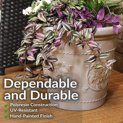 Sunnydaze 19.5-Inch Arabella Large Plant Pot - Polyresin Round Outdoor Planter with Drillable Drainage Holes - Beige