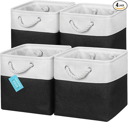 OrganiHaus 11x11 Cube Storage Bins 4 Pack, Foldable Cube Storage Organizer w/ Rope Handles, Collapsible Fabric Bins for Toys, Clothes & Closet Organization, Fabric Square Baskets - Black/White