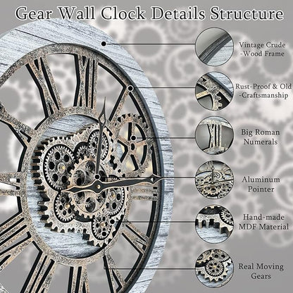 HOIBAI Wall Clock, Clocks for Living Room Decor 20 Inch Big Moving Gears Clock Farmhouse Vintage Rustic Wall Clock for Home Bedroom House Kitchen Wall Decor