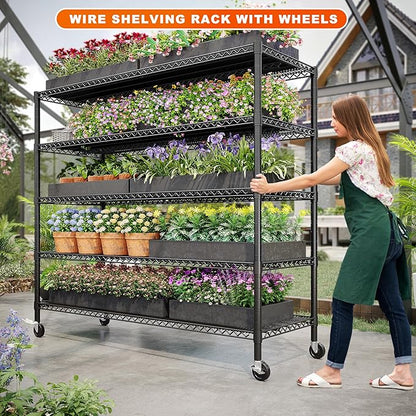 REIBII 85.7"H Storage Shelves 2998LBS Metal Shelving Units with Wheels&Feet, 5 Tier Garage Shelving Heavy Duty Adjustable Wire Shelf for Pantry Garage Commercial Industrials, 85.7"H X 55.5"W X 24.2"D