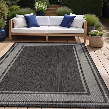 Beverly Rug Outdoor Rug 8x10 Modern Bordered Area Rugs for Indoor and Outdoor Patio Deck Porch Garden Waterproof Weather Sun Resistant Washable Outside Carpet (8 x 10 Dark Gray)