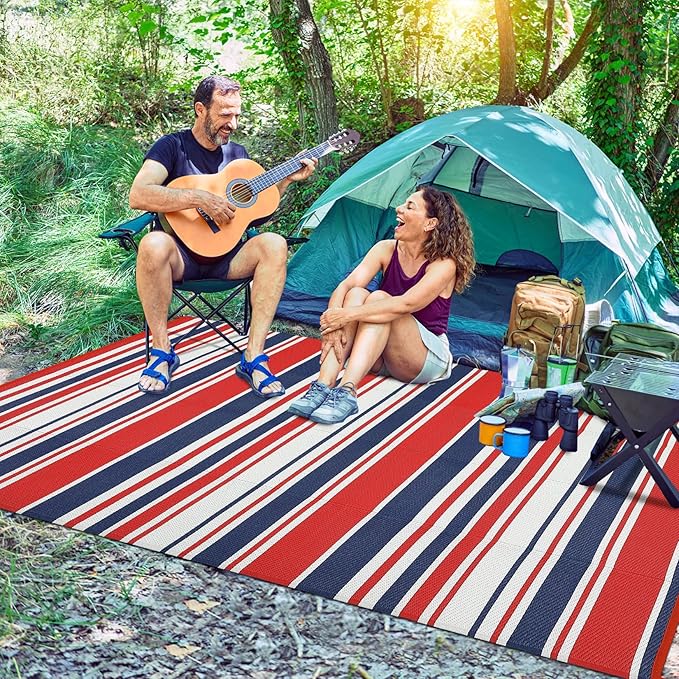 Outdoor Patio Rug 9x12 Stain-Resistant Reversible Camping Mat, Modern Striped Outdoor Plastic Straw Rug, Waterproof Outside Carpet, Easy to Clean for RV, Porch, Deck, Balcony, Red Blue White