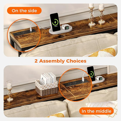 SUPERJARE 78.7 Inch Console Table with Outlet, Sofa Table with Charging Station, Narrow Hallway Entryway Table, Behind Couch Table, for Living Room, Rustic Brown