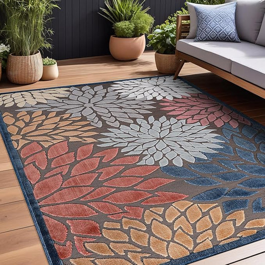 Beverly Rug Outdoor Rug 8x10 Modern Floral Tropical Area Rugs for Indoor and Outdoor Patio Easy to Clean Non Shedding Living Room Porch Garden Washable Outside Carpet (8 x 10 Brown)