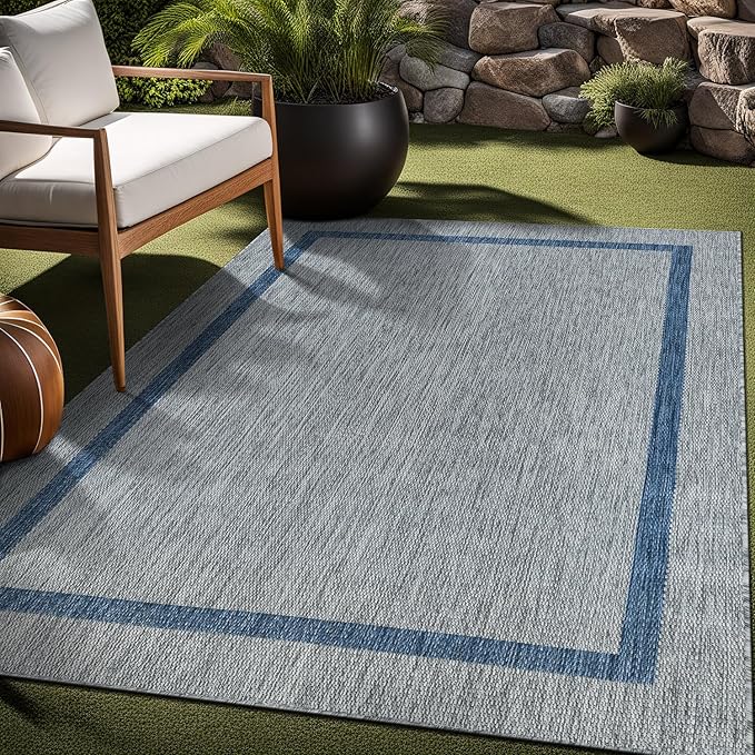 Bordered Outdoor Rug 8x10 Washable Outside Carpet for Indoor Patio Porch Waterproof Easy Cleaning Non Shedding Area Rugs Silver Gray - Blue 8 x 10