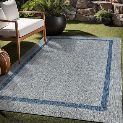 Bordered Outdoor Rug 9x12 Washable Outside Carpet for Indoor Patio Porch Waterproof Easy Cleaning Non Shedding Area Rugs Silver Gray - Blue 9 x 12