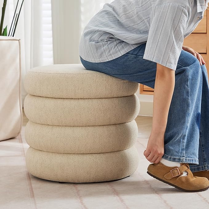 ONEVOG Round Storage Ottoman, 20" Small Ottomans Table with Removable Lid, Linen Fabric Soft Footrest Stools for Couch, Upholstered Stuffed Circle Seat for Living Room/Bedroom/Dorm/Vanity, Beige