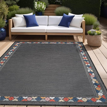 Beverly Rug Outdoor Rug 10x14 Modern Bordered Large Area Rugs for Indoor and Outdoor Patio Easy to Clean Non Shedding Living Room Porch Garden Washable Outside Carpet (10 x 14 Dark Gray)