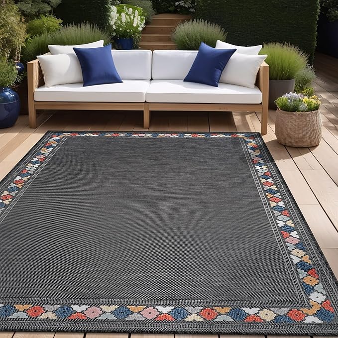 Beverly Rug Outdoor Rug 5x7 Modern Bordered Area Rugs for Indoor and Outdoor Patio Easy to Clean Non Shedding Living Room Porch Garden Washable Outside Carpet (5 x 7 Dark Gray)