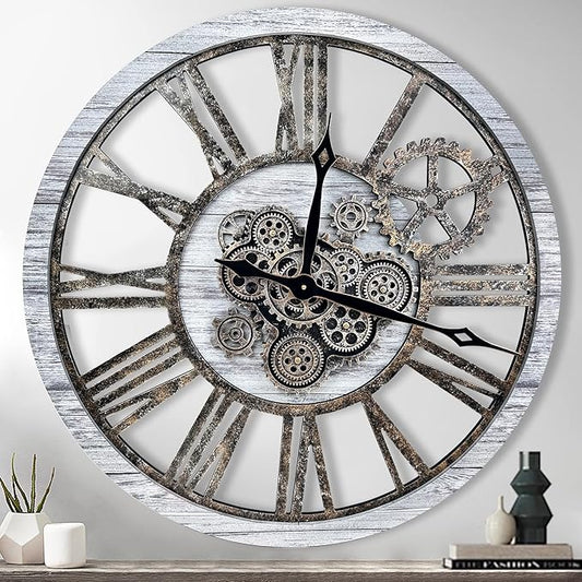 The B-Style Large Real Moving Gears Wall Clock 30 inch Rustic Retro Industrial Farmhouse Wood Clock Oversized Decorative Vintage Wall Clocks for Living Room (Silver Gray)