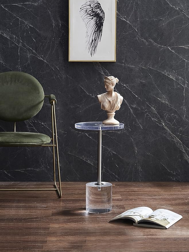 Clear Acrylic End Table,Side Table,Brushed Silver Metal,Round,for Office, Living Room and Bedroom,Easy Assembly,12x12 inch，21.3 inch high