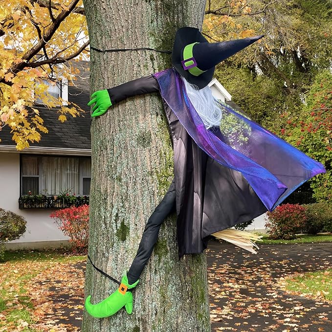 POPGIFTU 64" Large Crashing Witch into Tree Halloween Outdoor Decoration – Funny Flying Witch Yard Prop for Porch, Garden & Lawn, Weather-Resistant Halloween Decor