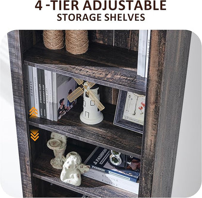OKD 72'' Tall Bookshelf with Storage, Farmhouse 4 Tier Bookcase w/Barn Door, Adjustable Shelves and Drawers, Rustic Wooden Office Bookshelves for Home Bedroom, Living Room, Library (Dark Rustic Oak)