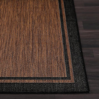 CAMILSON Indoor Outdoor Rug, 6x9 Bordered Nut Brown Black Modern Area Rugs for Indoor and Outdoor Patios, Kitchen and Hallway Mats, Washable Porch Deck Outside Carpet (Bordered Nut Brown Black, 6 x 9)