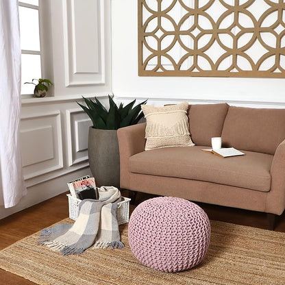 REDEARTH Round Pouf Ottoman - Hand Knitted Boho Poof Home Décor Pouffe Circular Footrest for Living Room - Bedroom - Lounge - 100% Cotton (19.5"x19.5"x14") - Pale Pink