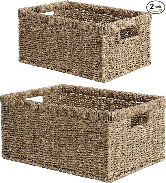 StorageWorks Wicker Storage Baskets, Large and Small Baskets, Handwoven Seagrass Basket for Organizing, Decorative Organizers with Built-in Handles, Set of 2