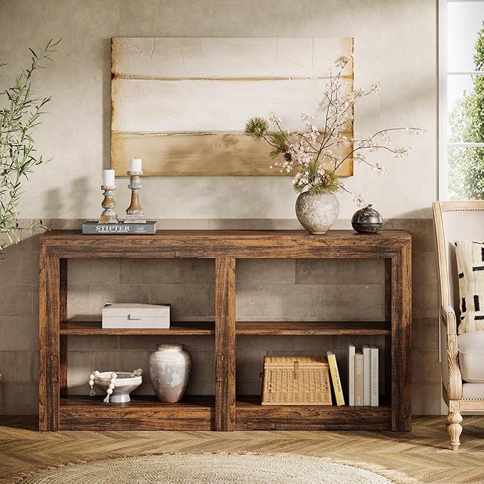 Tribesigns 59-Inch Farmhouse Entryway Table, 3-Tier Console Tables for Living Room, Wood Console Behind Couch for Living Room, Hallway, Foyer, Rustic Brown