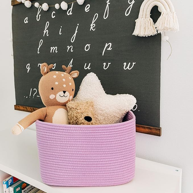 OrganiHaus Woven Storage Baskets for Organizing, Cotton Rope Organizer Bins for Shelves, Closet & Nursery, Dog Toy Basket, Decorative Bins for Toys, Towels & Books - 15x10x9, Purple