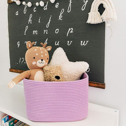 OrganiHaus Woven Storage Baskets for Organizing, Cotton Rope Organizer Bins for Shelves, Closet & Nursery, Dog Toy Basket, Decorative Bins for Toys, Towels & Books - 15x10x9, Purple