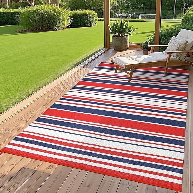 Outdoor Patio Rug 9x12 Stain-Resistant Reversible Camping Mat, Modern Striped Outdoor Plastic Straw Rug, Waterproof Outside Carpet, Easy to Clean for RV, Porch, Deck, Balcony, Red Blue White