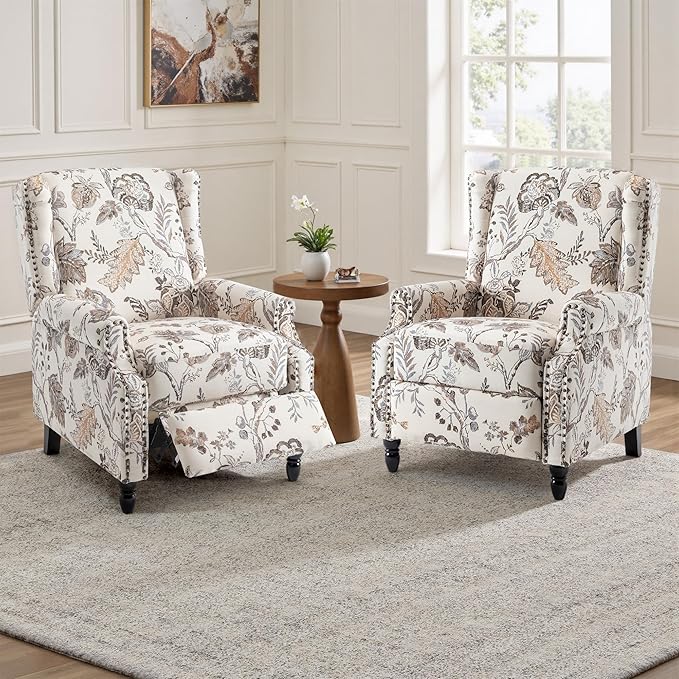 UIXE Recliner Chairs Set of 2, Fabric Upholstered Armchair Pushback Accent Chair for Living Room, Floral Rivet Trim Club Chair Home Theater Single Sofa Bedroom Side Reading Seat - Beige Plants