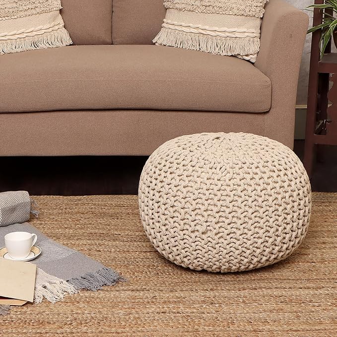 REDEARTH Round Pouf Ottoman –18"x18"x14" Hand-Knitted Cotton Pouffe –Cable Footstool –Boho Dori Hassock –Pre-Stuffed Poof – Extra Seat -Poofy Footrest for Living Room, Bedroom, Nursery, Nook –Ivory