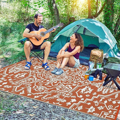 Outdoor Rug 9x12 Waterproof Reversible Plastic Straw Patio Rug, Stain-Resistant Vintage Medallion Carpet, Large Easy-Cleaning Indoor Outdoor RV Mat for Deck, Camping, Balcony, Terracotta Brick/White