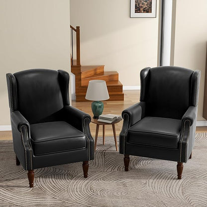 UIXE Faux Leather High Back Accent Chairs Set of 2, Upholstered Armchair for Living Room, Retro Wingback Arm Chair Nailhead Trim Single Sofa Bedroom Reading Seat with Solid Wood Legs - Black