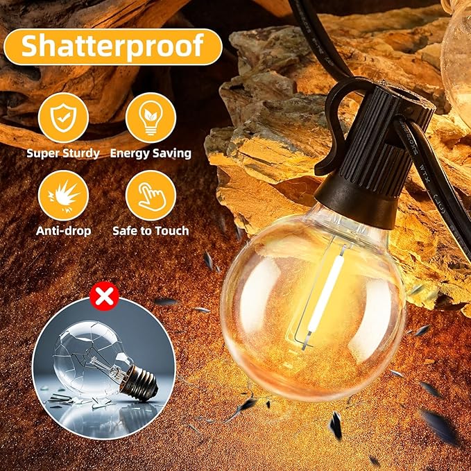 50FT G40 LED String Lights with 25 Shatterproof Bulbs (2 Spares), E12 Sockets, 2700K Warm White, eatherproof Patio Lighting for Garden,Backyard,Party,Wedding,Porch,Deck,Gazebo,Bistro,Camping