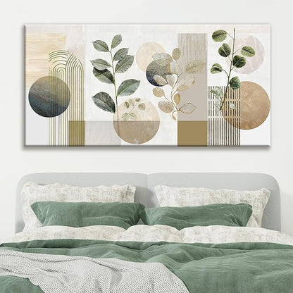 TAIJXAGSG Large Boho Green Wall Art For Living Room 29x58 In Green Botanical Boho Wall Art Modern Sage Bohemian Canvas Art Wall Decor Natural Abstract Geometry Lines Prints Picture Ready To Hang