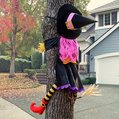 POPGIFTU 51" Halloween Crashing Witch Decoration – Pink Flying Witch for Tree, Yard, Porch, and Indoor Outdoor Halloween Décor