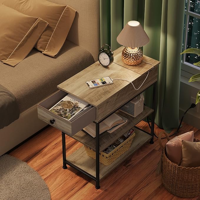 WLIVE Narrow Side Table with 2 USB Ports and 2 Outlets, Flip Top End Table with Drawer and Storage Shelves, End Stand with Charging Station for Living Room, Bedroom, Small Spaces, Greige