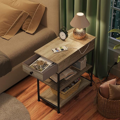WLIVE Narrow Side Table with 2 USB Ports and 2 Outlets, Flip Top End Table with Drawer and Storage Shelves, End Stand with Charging Station for Living Room, Bedroom, Small Spaces, Greige