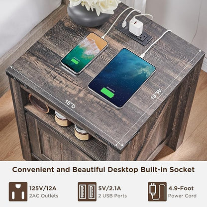 OKD Nightstand with Charging Station Set of 2, 18 Inchs Farmhouse End Table with Adjustable Storage Shelf, Rustic Wood Sofa Side Table for Bedroom