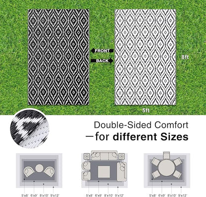 OLANLY Outdoor Rug 5x8 ft Waterproof, Outdoor Plastic Straw Rug with Geometric Pattern Clearance, Reversible RV Mat for Patio, Camping, Balcony, Deck, Backyard, Black & White