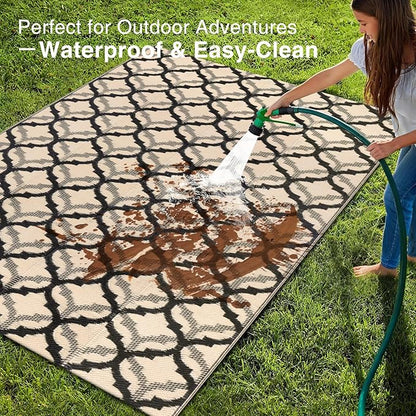OLANLY Reversible Outdoor Rug 5x8 ft Clearance, Waterproof Outdoor Plastic Straw Rug with Interlacing Pattern, RV Mat for Patio, Camping, Balcony, Deck, Backyard, Black & Beige