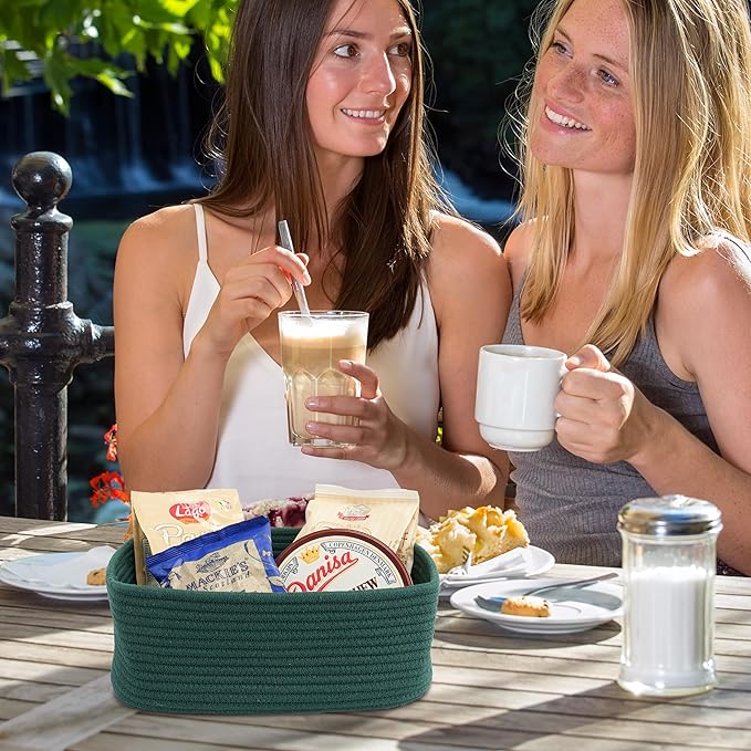 Small Woven Storage Baskets 13“X9”X5“ Decorative Rope Bins for Organizing Shelves, Closets, and Toys, Empty Gift Baskets, Cute Organizer Basket for Home and Office (dark green, Large)