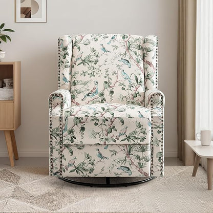 UIXE Swivel Rocker Manual Recliner Chair, Wingback Swivel Glider Fabric Nursery Reclining Sofa Chair, High Back Upholstered Arm Chair for Living Room Bedroom - Bird Pattern
