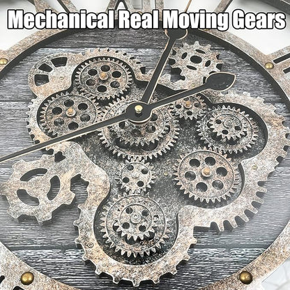 DORBOKER 24" Large Wall Clock with Moving Gears,Oversize Vintage Industrial Rustic Farmhouse Clocks for Living Room Decor Office Home,Solid Wood HD Tempered Glass Cover,Carbon Grey